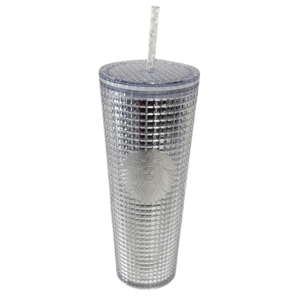 STARBUCKS Silver Metallic Mirror Grid Bling Studded Venti Tumbler 24 oz Cold Cup